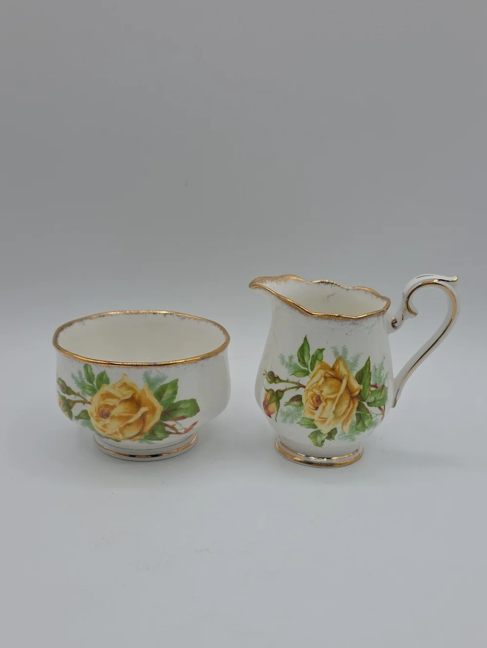 Royal Albert Tea Rose Yelloe and Green Floral Porcelain Cream And Sugar Dishes